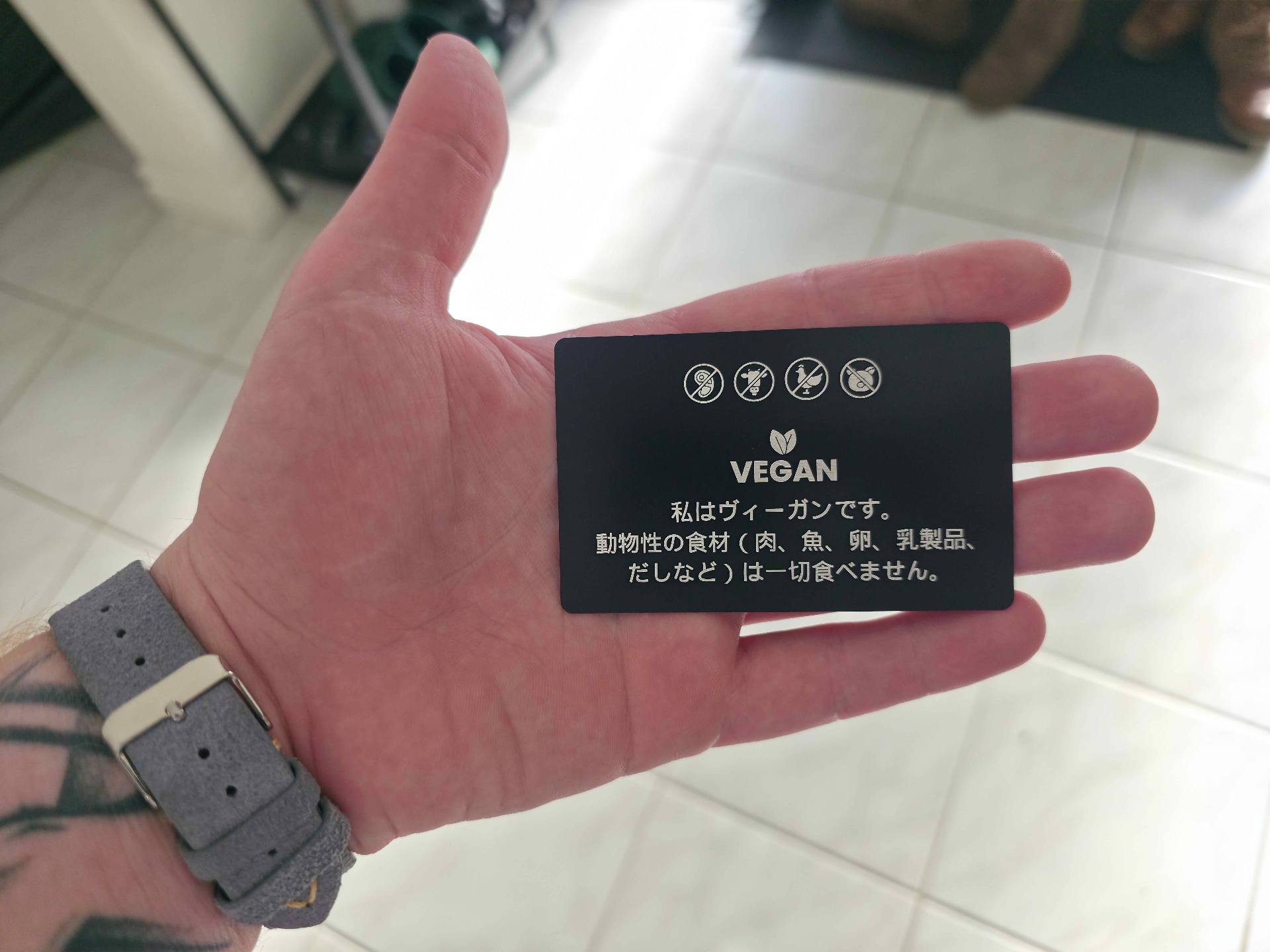 Japanresa kostkort baksida med japansk text för vegetarisk och vegansk kost