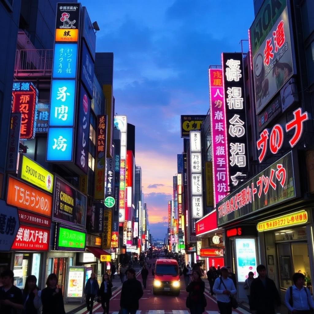 Neonupplyst gata i Tokyo i skymningen