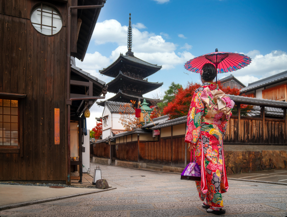 Kvinna i traditionell kimono framför japansk pagoda
