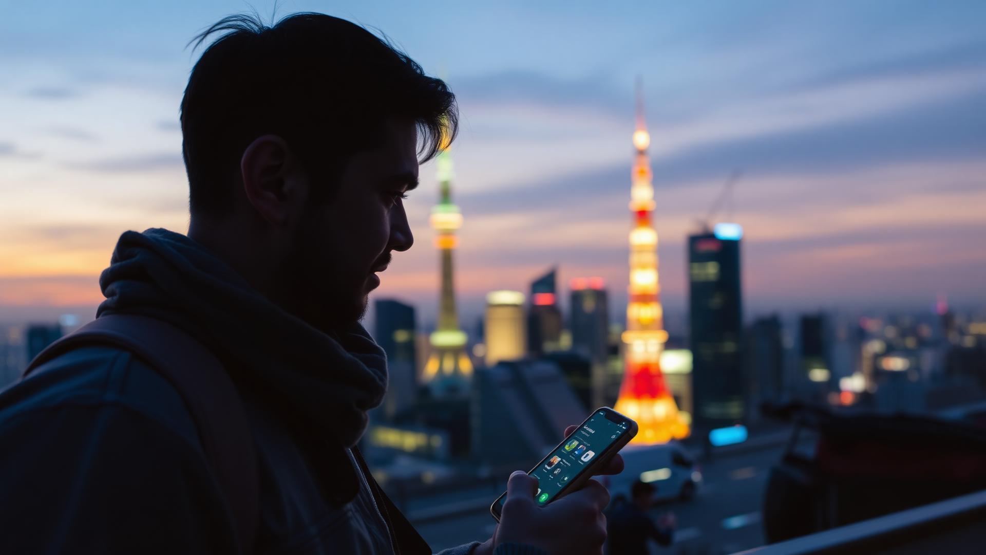 Resenär med mobil framför Tokyo skyline