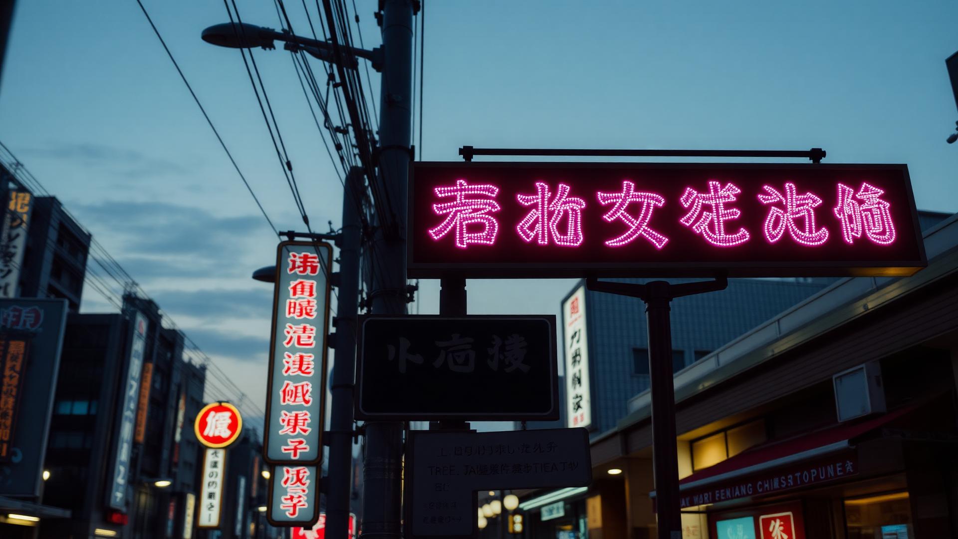 Neonskyltar med japanska kanji på gata i Tokyo