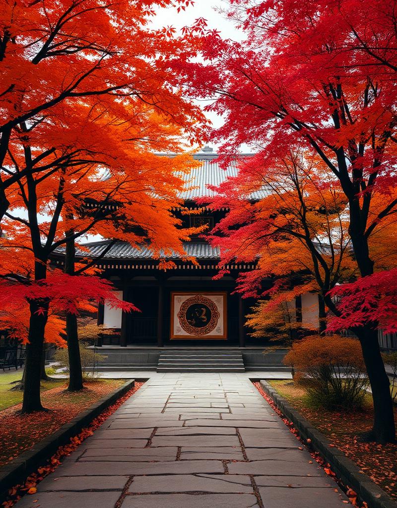 Japanskt slott med höstlöv