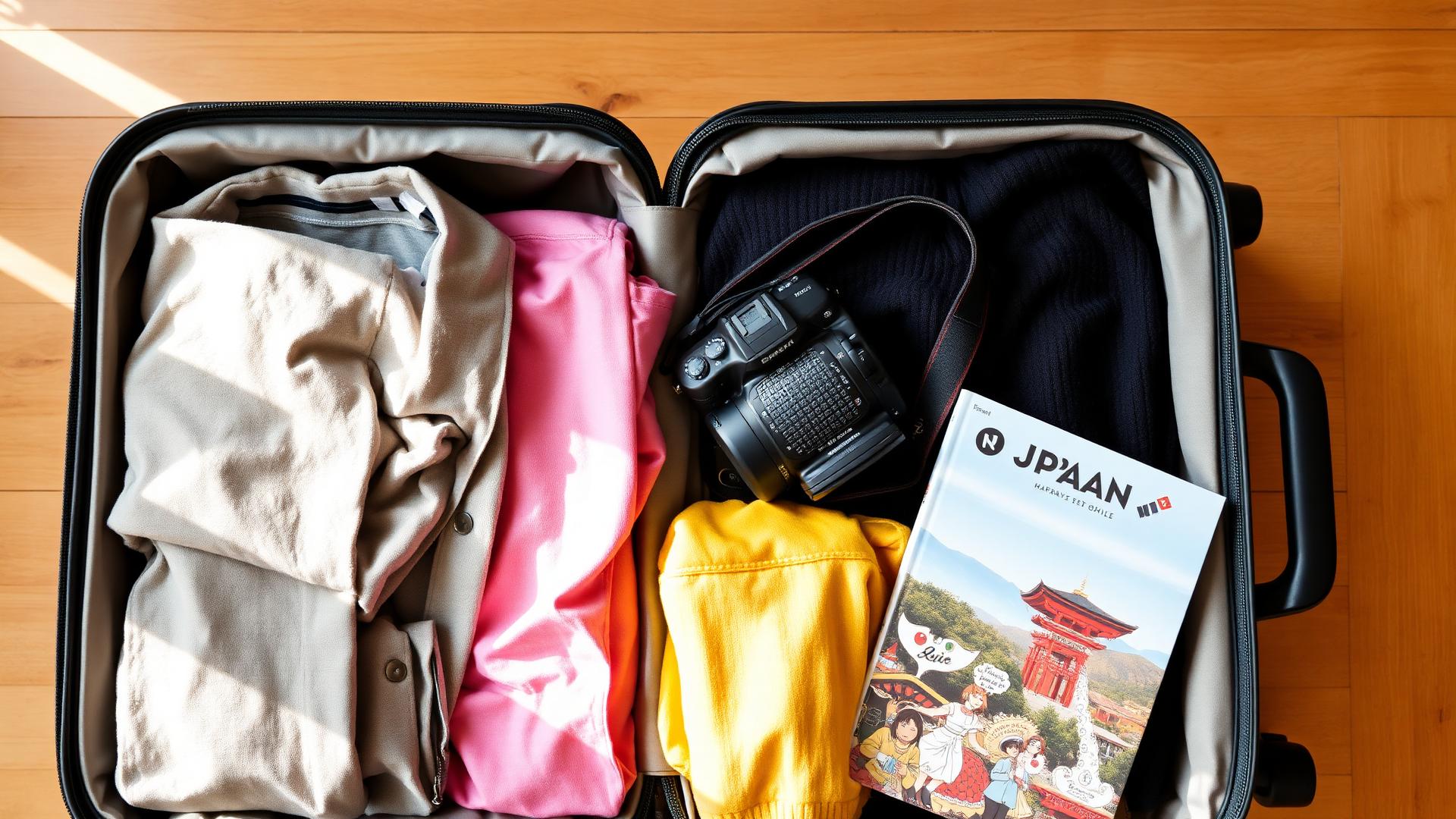 Öppen resväska packad för Japan