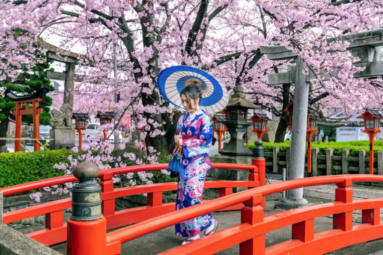 Röd traditionell japansk bro över damm