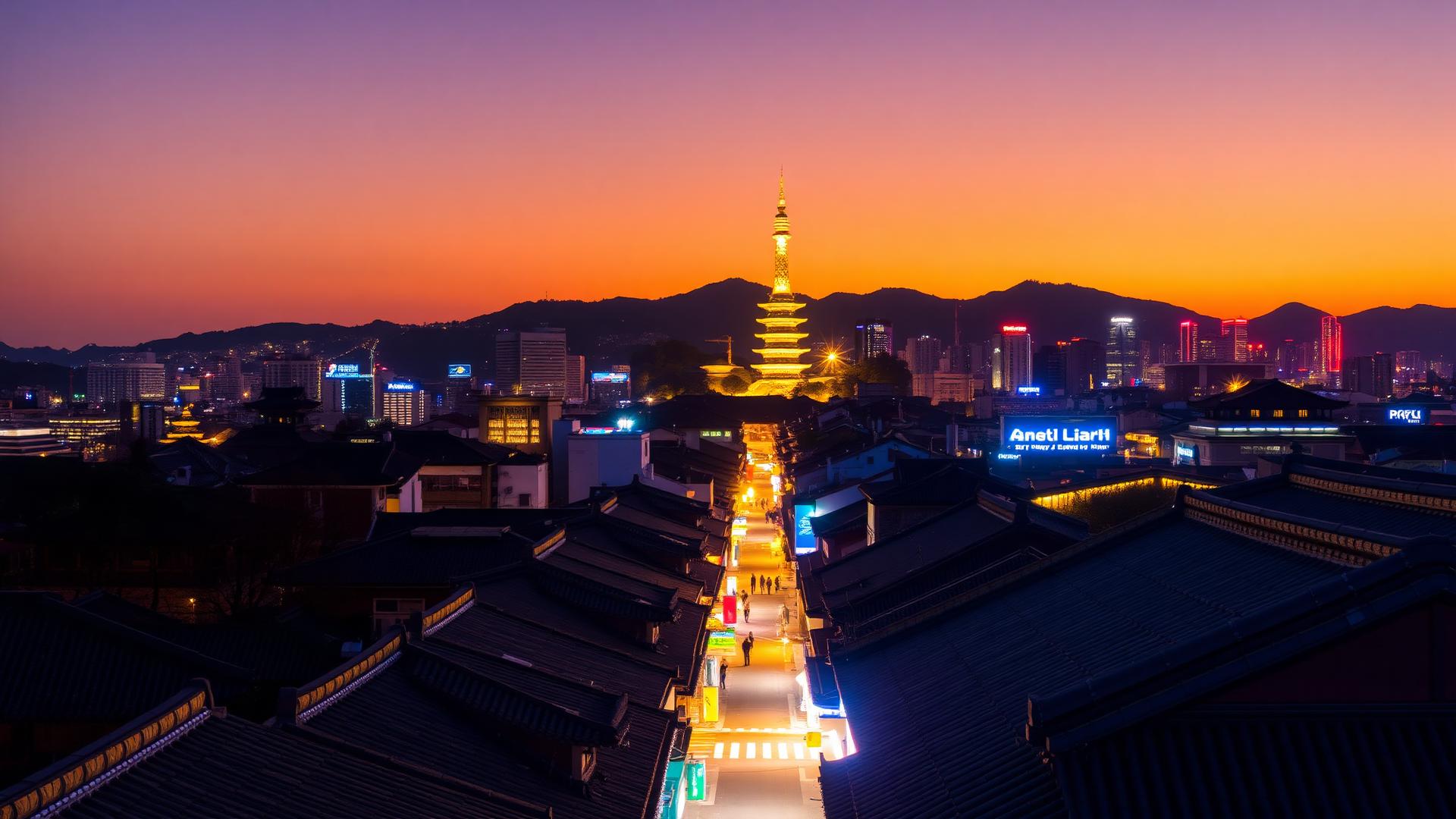 Seoul i skymning med N Seoul Tower och hanok-tak